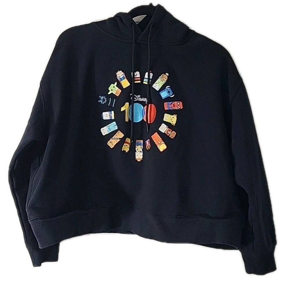Disney 100 Friend Cropped Hoodie Womens XL Black Pullover Embroidered Characters